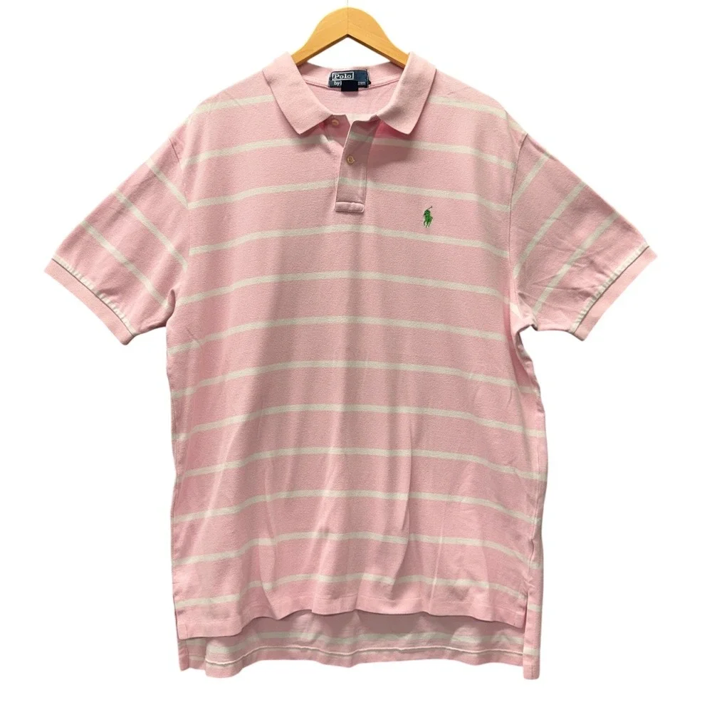 Vintage Ralph Lauren Polo Shirt Mens XXL 2XL Pink White Stripe Coastal Preppy